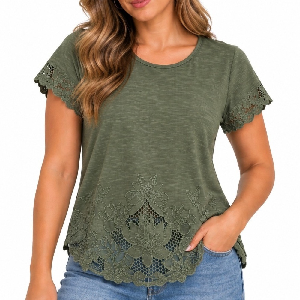 Adiva Top Womens Small Green Embroidered Short Sleeve Crochet Hem Slub Knit Tee